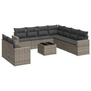 vidaXL 10 Piece Patio Sofa Set with Cushions Gray Poly Rattan - Gray With Table - 1 of 4