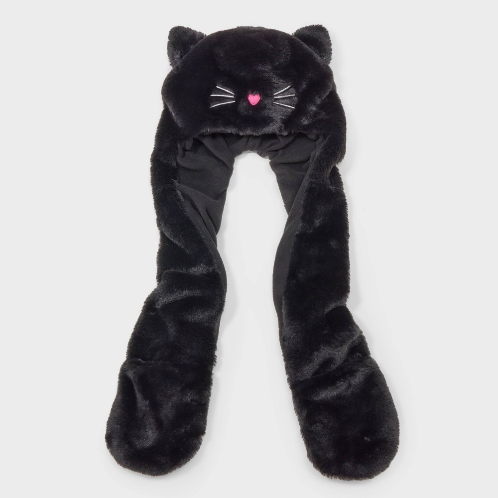 Girls' Faux Fur Cat Ear Hooded Scarf - Cat & Jack™ Black 4-14