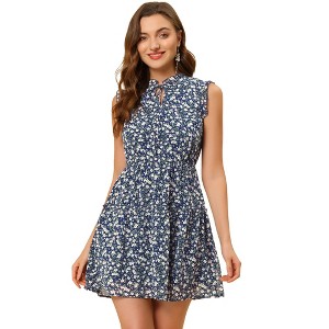 Allegra K Women's Summer Floral Ruffle Sleeveless Tie Neck Chiffon Flowy Mini Dress - 1 of 4