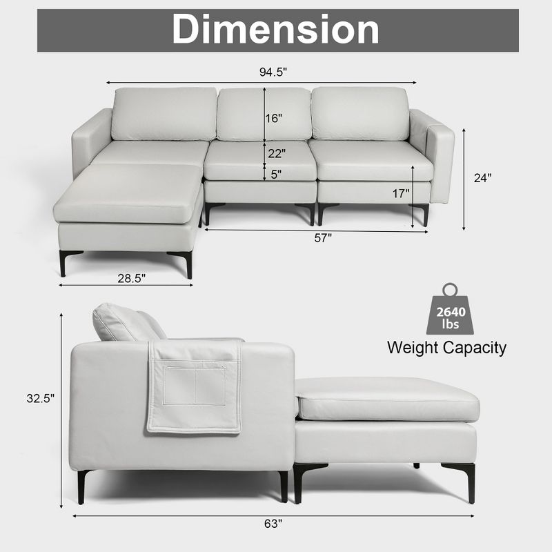 Costway Modular L-Shaped Sofa w/Reversible Chaise Lounge & 2 USB Ports, 4 of 11