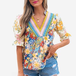 Amaryllis Women’s Multi Floral Print Puff Sleeve V Neck Embroidered Trim Lightweight Relaxed Fit Statement - 1 of 4