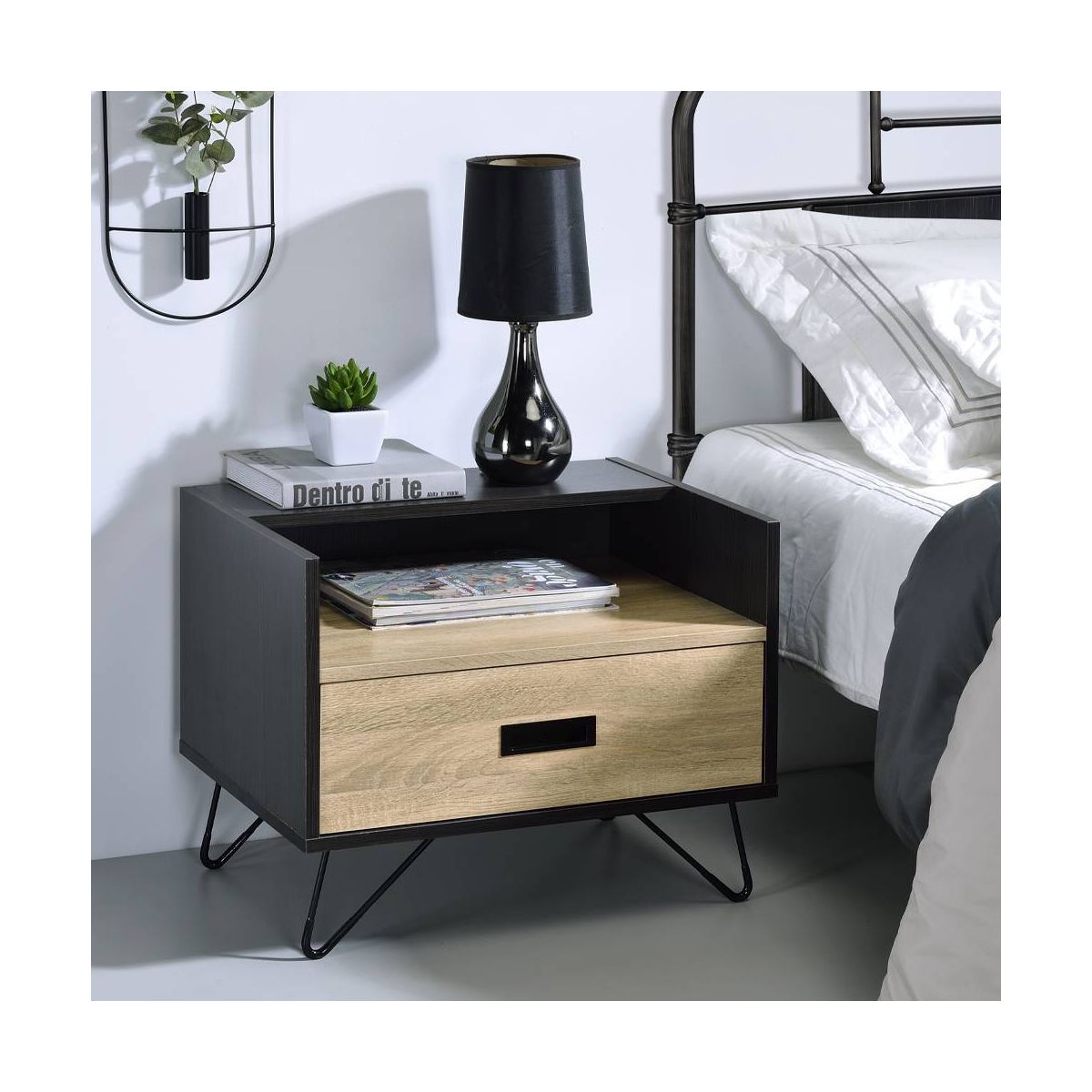21" Melkree Accent Table Oak/Black Finish - Acme Furniture: Industrial Look, Storage Drawer - thumbnail 7