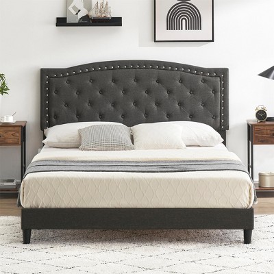 Bed Frame Upholstered Platform Bed with Adjustable Button Tufted & Nailhead Trim Headboard