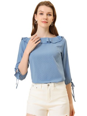 Allegra K Women's Vintage 3/4 Sleeve Boat Neck Ruffled Dots Print Blouse