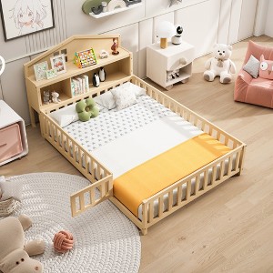 KWPZQEB Full Size Kids Montessori Floor Bed, Kids Floor Platform Bed with Safety Guardrails & Door for Girls and Boys, No Box Spring Needed - 1 of 4