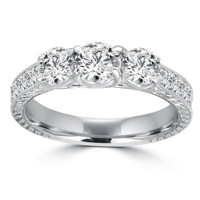 Pompeii3 1ct Vintage Three Stone Round Diamond Engagement Ring 14K White Gold (H/SI2)