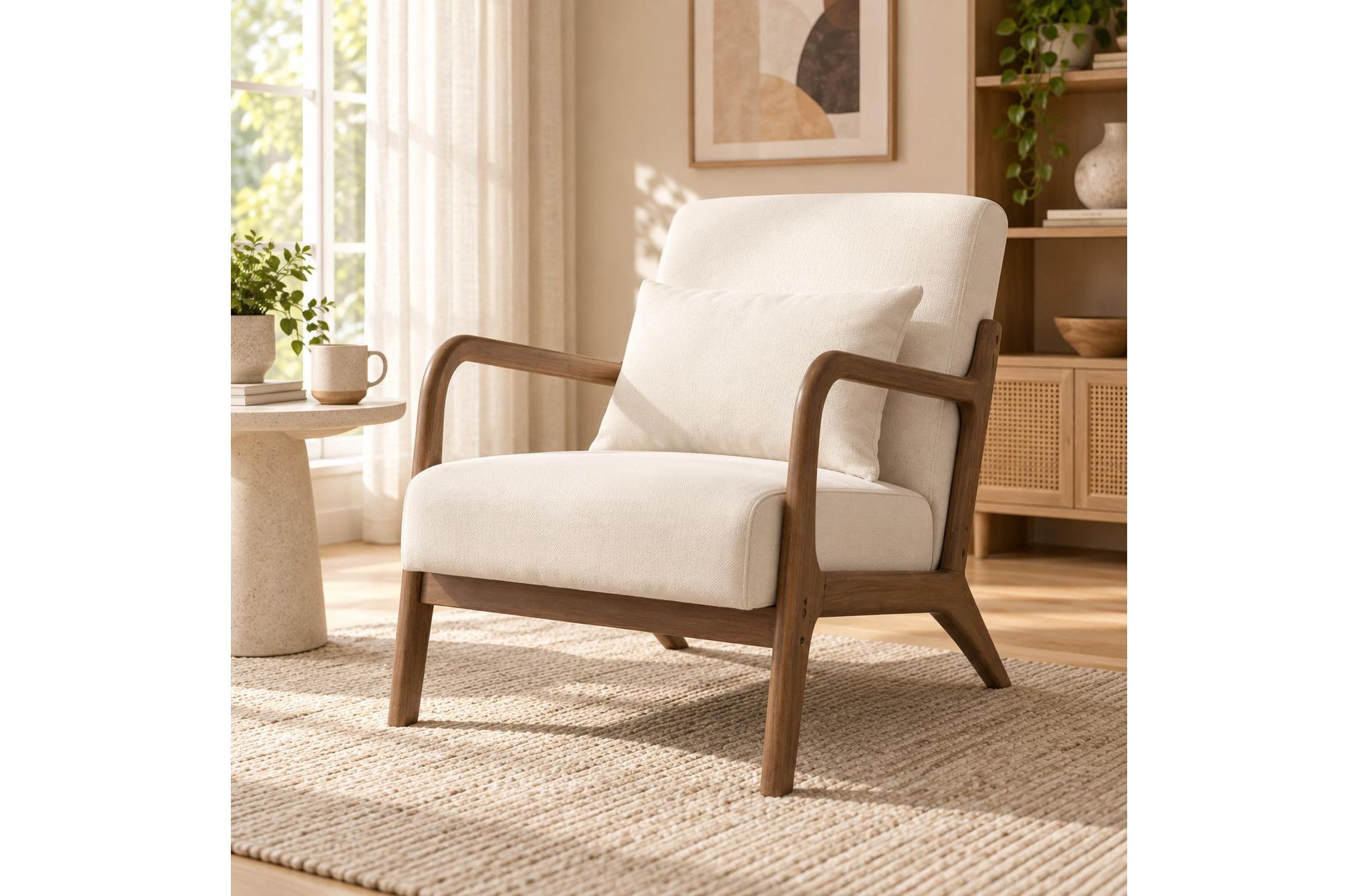 Mid Century Modern Accent Chair with Wood Frame – Cozy Reading Armchair for Living Room, Bedroom or Sunroom (Waist Cushion Included)