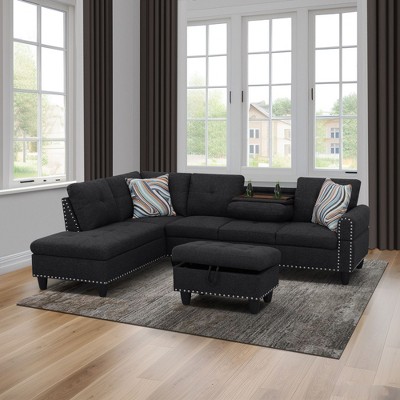 3-Piece Set Of Brown Grey Linen Combination Sofa L-Shaped Living Room Sofa