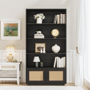 5-Tier Wooden Bookcase with Rattan Doors – Tall Bookshelf with Storage for Living Room, Bedroom, Home Office and Kitchen - 1 of 4