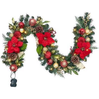 6 Feet Christmas Garland with Lights for Mantle,Battery Operated Outdoor Christmas Garlands with Red Gold Balls
