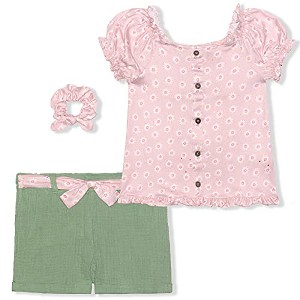 Nannette Girl's 3 Piece Coordinates, Floral Printed Blouse and Shorts with Scrunchie Bundle Set for kids - 1 of 4