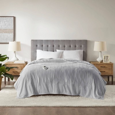 Full Light Grey Plush Heated Blanket with Controller