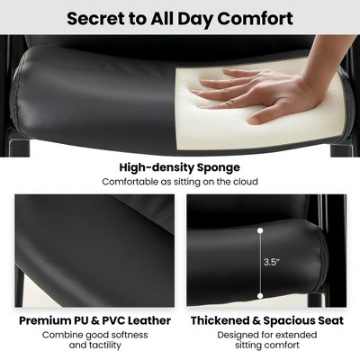 Black Leather and Metal Office Guest Chairs with Fixed Arms, Set of 2