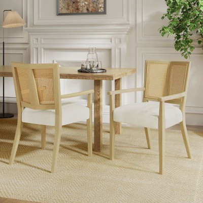 PexFix 2Pcs Modern Upholstered Fabric Armchairs Dining Chairs Rattan Back Dining Room Chairs Accent Kitchen Chairs with Solid Wood Legs Natural