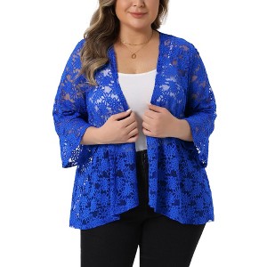 Women's Plus Size Open Front 3/4 Sleeve Sheer Lace Casual Cardigan - Agnes Orinda - 1 of 4