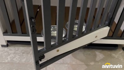 White and Black Wooden Dog Crate with Iron Frame and Feeder