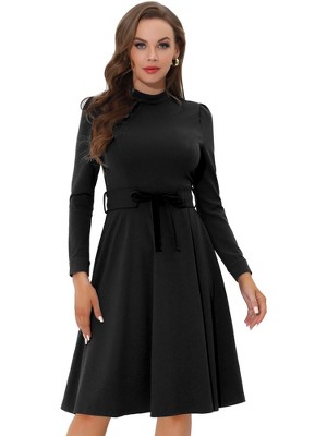 Allegra K Women's Elegant Work Sheath Mock Neck Flare Long Sleeve Knit Midi Dress