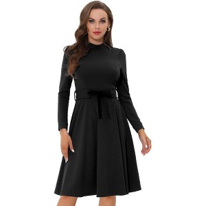 Allegra K Women's Elegant Work Sheath Mock Neck Flare Long Sleeve Knit Midi Dress - 1 of 4