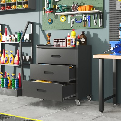 34.64"Heavy-Duty Metal Storage Cabinet with Wheels - 3 Drawer Tool Cabinet for Garage, Office, and Home Organizer Solutions, Black