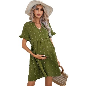 Maternity Swiss Dot Dress Summer V Neck Short Sleeve Button Down Mini Dress Baby Shower Photoshoot with Pockets - 1 of 4