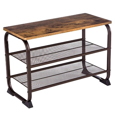 3 Tier Wood Top Shoe Rack with Metal Base Black/Brown - Benzara