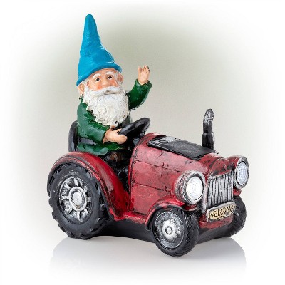 10" Polyresin Tractor Riding Gnome with LED Lights Red - Alpine Corporation: Outdoor Garden Decor, Welcome Statue
