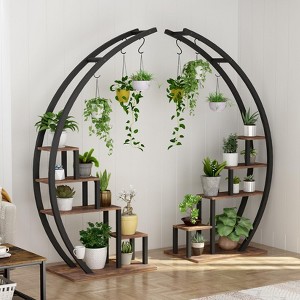 5 Tier Round Plant Stand - Metal Garden Plant Holder Half Moon Flower Shelf Rack With 4 Hanging Hooks - 1 of 4
