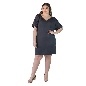 24seven Comfort Apparel Plus Size Solid Color Loose Fit V Neck T Shirt Style Knee Length Dress - 1 of 4