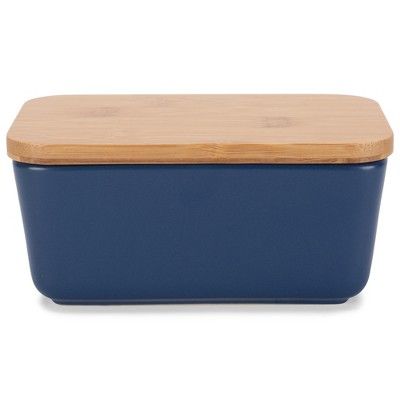 Nat & Jules Matte Navy Blue 6.5 x 4 Ceramic and Bamboo Butter Dish With Lid