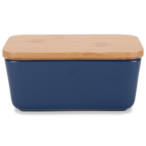Nat & Jules Matte Navy Blue 6.5 x 4 Ceramic and Bamboo Butter Dish With Lid - 1 of 4