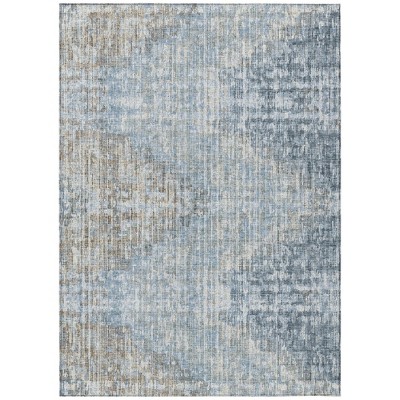 Denim Blue And Beige Geometric Washable Indoor Outdoor Area Rug