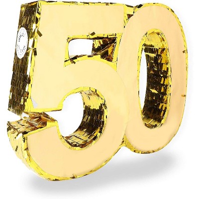 Sparkle and Bash 50th Gold Foil Pinata Number for Birthday and 50 Year Golden Anniversary Party Supplies Decorations, 16.5 x 13 inches