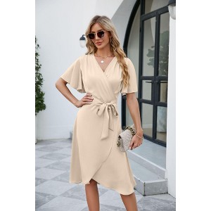 Women's Wrap Midi Dress Flutter Sleeves Self-Tie Waist Elegant Dress,M,Apricot  : Target