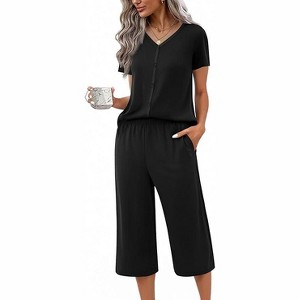 Ekouaer Women's Pajama Sets Short Sleeve Sleepwear Button Up Pj Loungewear Top and Capri Pants with Pockets - 1 of 4