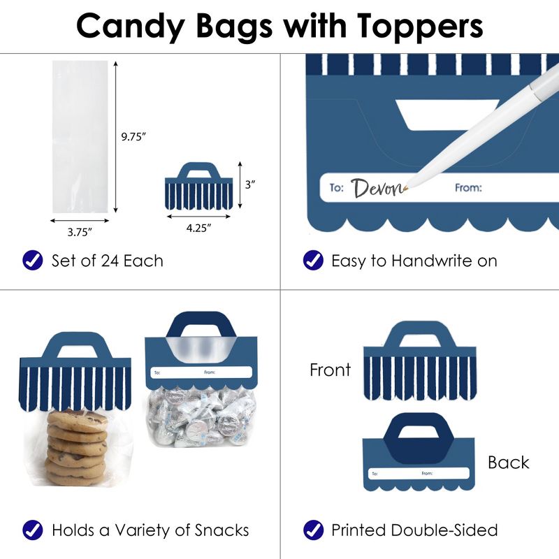 Big Dot of Happiness Navy Stripes - DIY Simple Party Clear Goodie Favor Bag Labels - Candy Bags with Toppers - Set of 24, 3 of 9