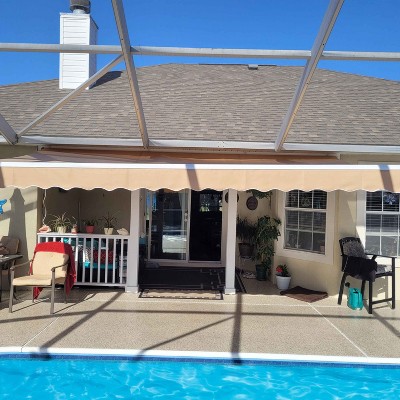 Beige Retractable Patio Awning with White Frame