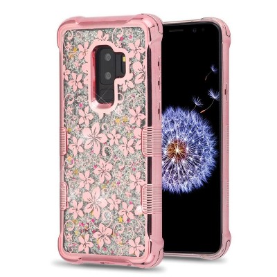 MyBat Tuff Quicksand Glitter Hibiscus Flower Hard Plastic/Soft TPU Rubber Case Cover For Samsung Galaxy S9 Plus S9+, Rose Gold