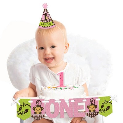 Big Dot of Happiness Pink Monkey Girl 1st Birthday - First Birthday Girl Smash Cake Decorating Kit - High Chair Decorations