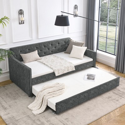 NicBex Twin Size Daybed with Twin Size Trundle,Upholstered Tufted Sofa Bed with Waved Shape Arms for Bedroom,Living Room