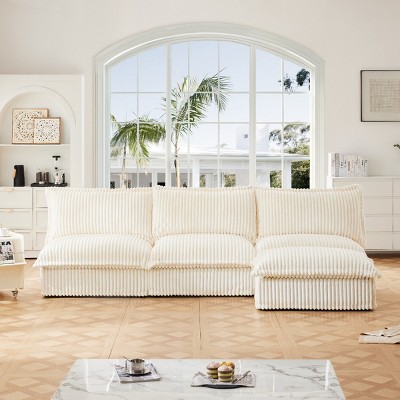 Upholstered Sectional Sofa, 3 Seater Armless Sectional Sofa with Reversible Ottoman, Sectional Sofas with Corduroy Fabric-Cuddlewood