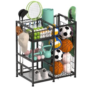 MOEPISY Garage Sports Equipment Organizer, Garage Ball Storage Rack with Elastic Straps and 4 Hooks - 1 of 4