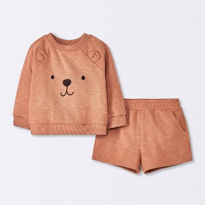 Baby Boys' French Terry Bear Sweatshirt & Shorts Set - Cloud Island™ Brown 18M