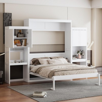 TIRAMISUBEST Queen Size Murphy Bed Wall Bed with Desk, Vanity and Storage Cabinets, Wooden Murphy Cabinet Bed with Open Storage