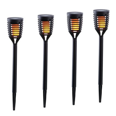Set of 4 Black Solar-Powered Flickering Flame Pathlights