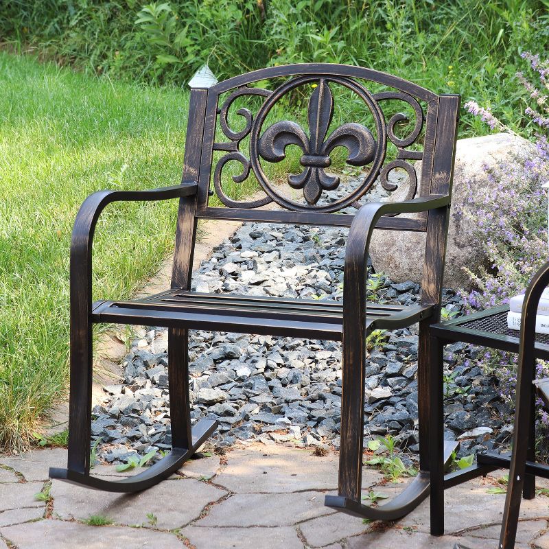 Sunnydaze Traditional Fleur-de-Lis Design Cast Iron and Steel Outdoor Rocking Chair, 3 of 13