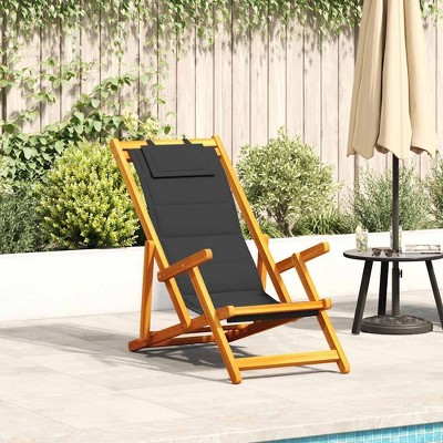 vidaXL Folding Beach Chair Black and Wood Acacia Wood and Textilene