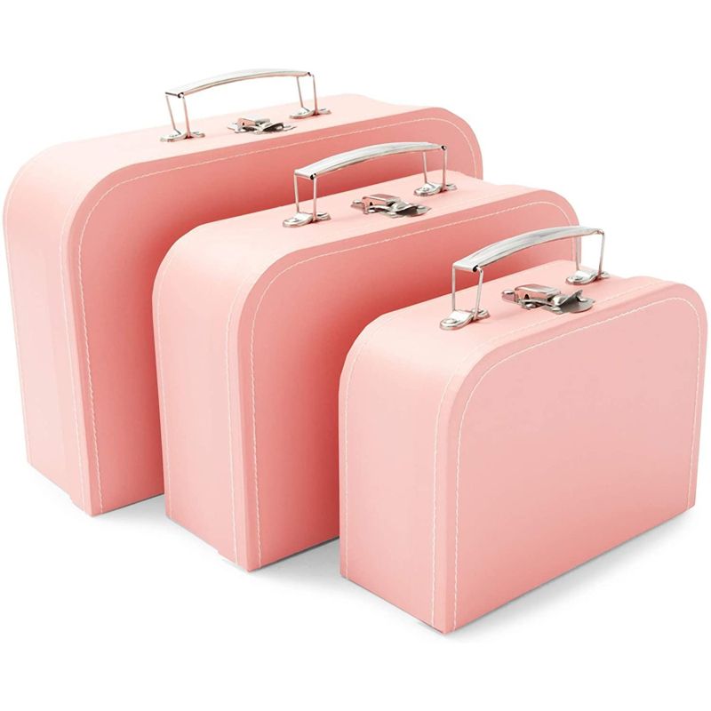 Okuna Outpost Set of 3 Different Sizes of Paperboard Suitcases with Metal Handles, Decorative Cardboard Storage Boxes, Pink, 3 of 7