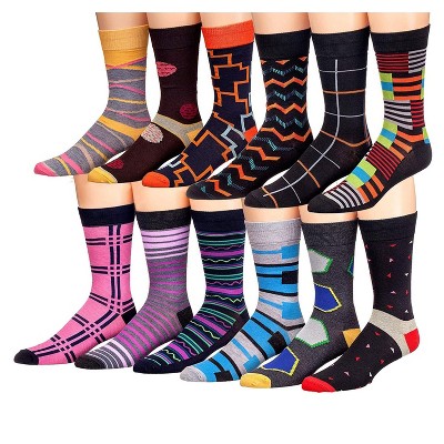 JAMES FIALLO Men's 12 Pairs Creative Unique Geometric Colorful Patterned Dress Socks for Men