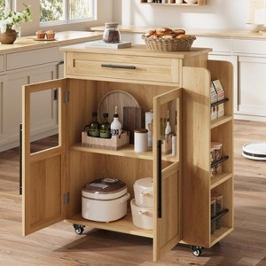 Kitchen Island Table On Wheels, Storage Island with Spice Rack and Drawer, Rolling Kitchen Cart On Wheels, for Home, Dining Room, Natural Oak - 1 of 4