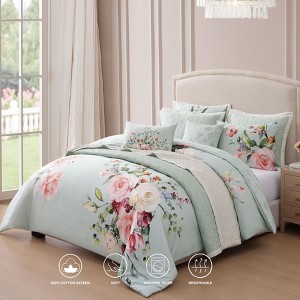 Bebejan Rose on Misty Green 100% Cotton 8 Piece Reversible Comforter & Coverlet Set - 1 of 4